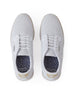 Bella Perforated Derby Shoe in White, top down view of both shoes featuring the all-over perforated floral cutout pattern on a white upper with white laces and a navy floral printed insole with Straight Down branding