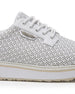 Bella Perforated Derby Shoe in White, close-up side view highlighting the all-over perforated floral cutout pattern, white laces, and silver Straight Down logo badge on the upper with a white platform sole