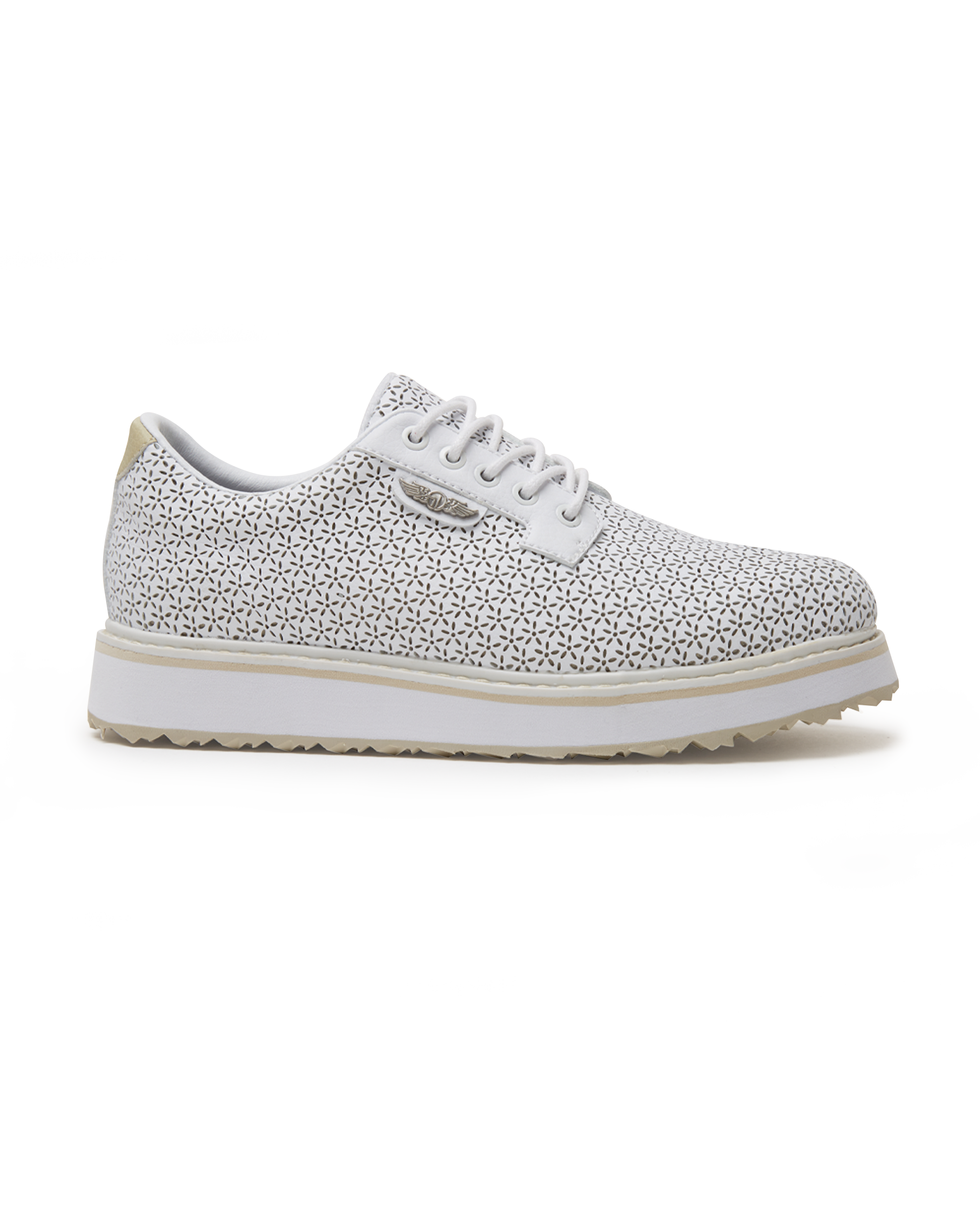 Bella Perforated Derby Shoe in White, side view featuring an all-over perforated floral cutout pattern on a white upper with a white platform sole and Straight Down logo on the tongue