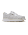 Bella Perforated Derby Shoe in White, side view featuring an all-over perforated floral cutout pattern on a white upper with a white platform sole and Straight Down logo on the tongue