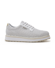 Bella Perforated Derby Shoe in White, side view featuring an all-over perforated floral cutout pattern on a white upper with a white platform sole and Straight Down logo on the tongue