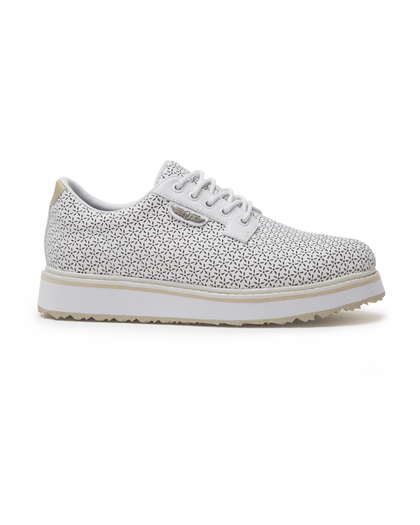 Bella Perforated Derby Shoe in White, side view featuring an all-over perforated floral cutout pattern on a white upper with a white platform sole and Straight Down logo on the tongue