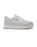 Bella Perforated Derby Shoe in White, side view featuring an all-over perforated floral cutout pattern on a white upper with a white platform sole and Straight Down logo on the tongue