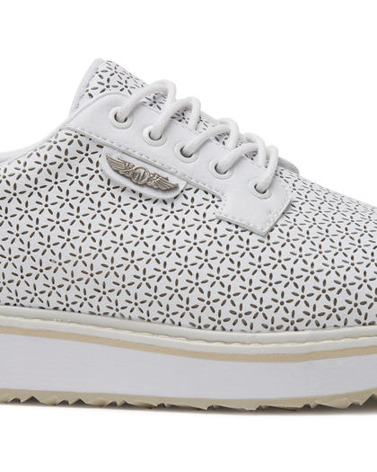 Bella Perforated Derby Shoe in White, close-up side view highlighting the all-over perforated floral cutout pattern, white laces, and silver Straight Down logo badge on the upper with a white platform sole