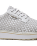 Bella Perforated Derby Shoe in White, close-up side view highlighting the all-over perforated floral cutout pattern, white laces, and silver Straight Down logo badge on the upper with a white platform sole