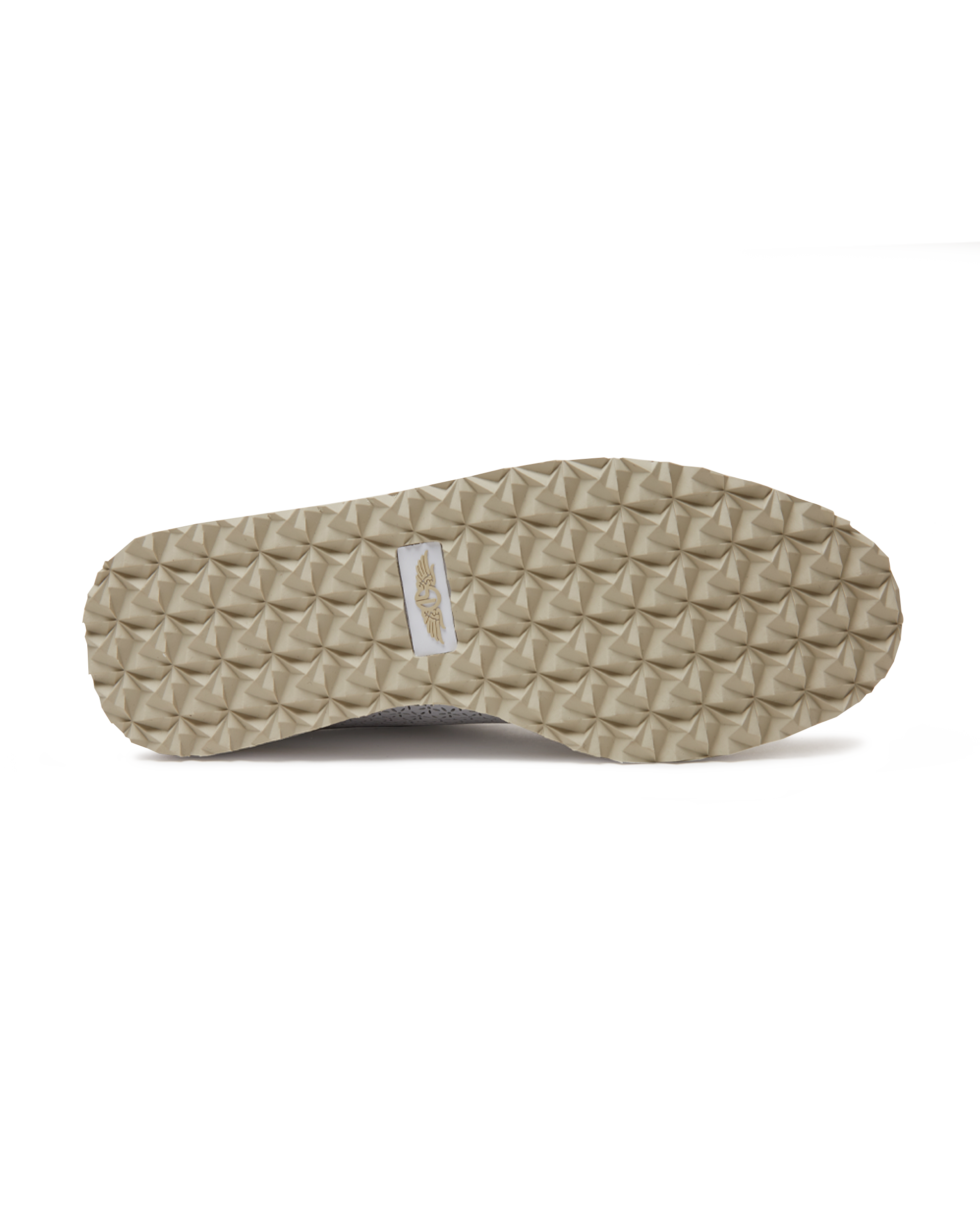 Bella Perforated Derby Shoe in White, bottom sole view showing the tan pyramid-textured traction outsole with Straight Down logo label at the center