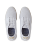 Bella Perforated Derby Shoe in White, top down view of both shoes featuring the all-over perforated floral cutout pattern on a white upper with white laces and a navy floral printed insole with Straight Down branding