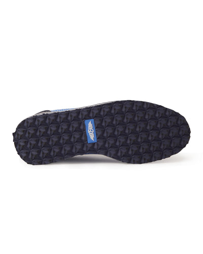 Men's Riviera Knit Oxford Shoe in Maison, bottom view featuring a navy pyramid-textured rubber outsole with a Straight Down logo tag at the center