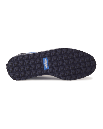 Women's Riviera Knit Oxford Shoe in Maison, bottom view featuring a navy pyramid-textured rubber outsole with a Straight Down logo tag at the center
