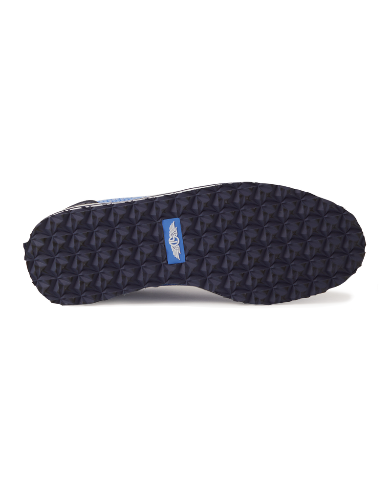 Women's Riviera Knit Oxford Shoe in Maison, bottom view featuring a navy pyramid-textured rubber outsole with a Straight Down logo tag at the center
