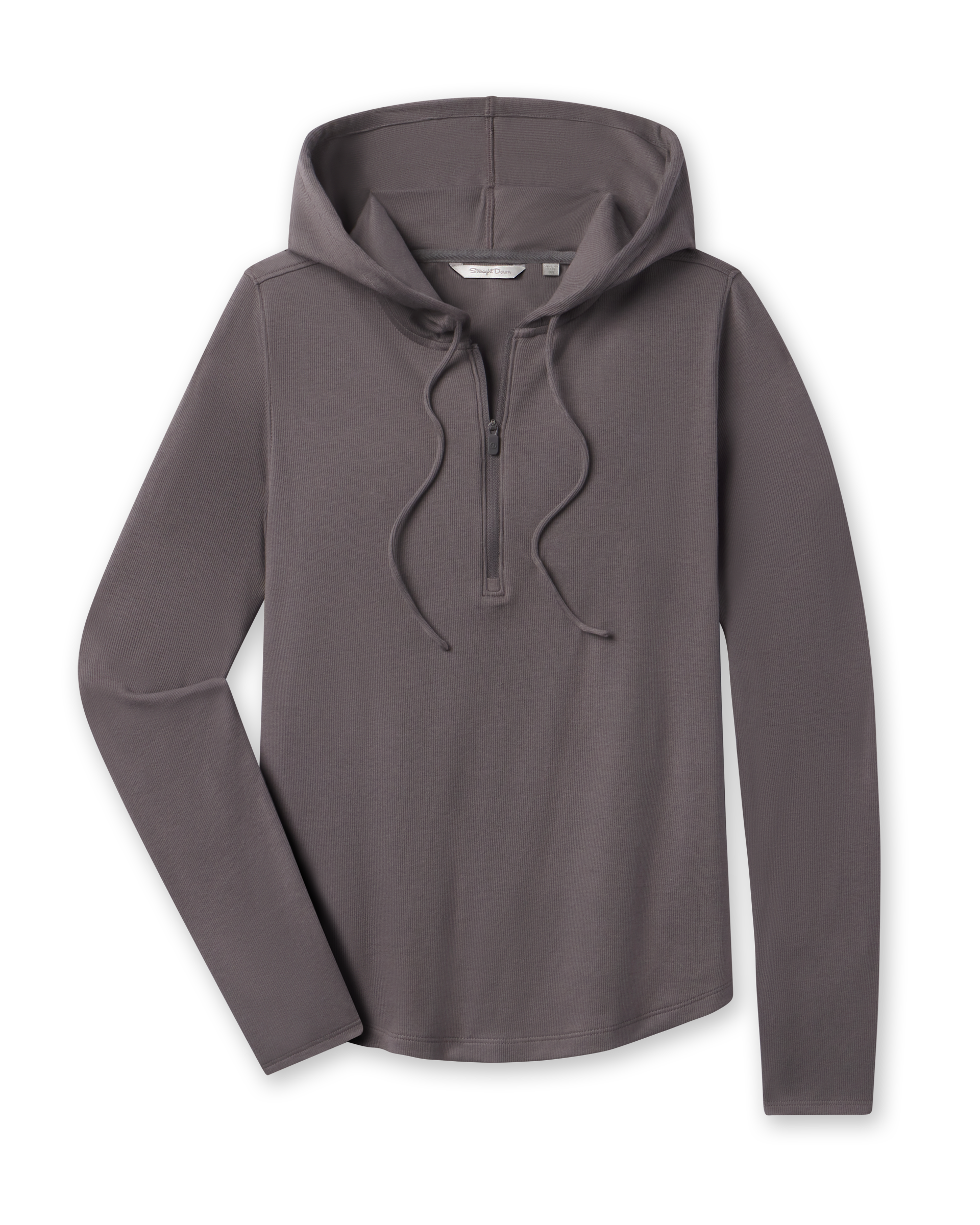 Front product view of the Thyme Hoodie in Nightshade, featuring a half-zip neckline, drawstring hood, long sleeves, and subtle ribbed texture.