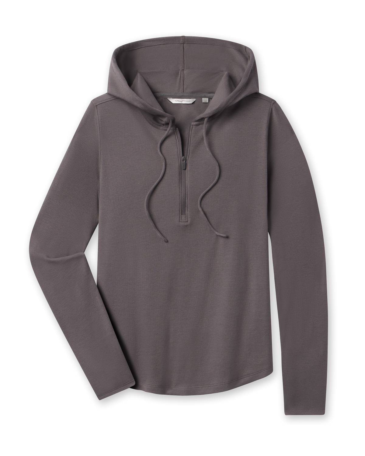 Front product view of the Thyme Hoodie in Nightshade, featuring a half-zip neckline, drawstring hood, long sleeves, and subtle ribbed texture.