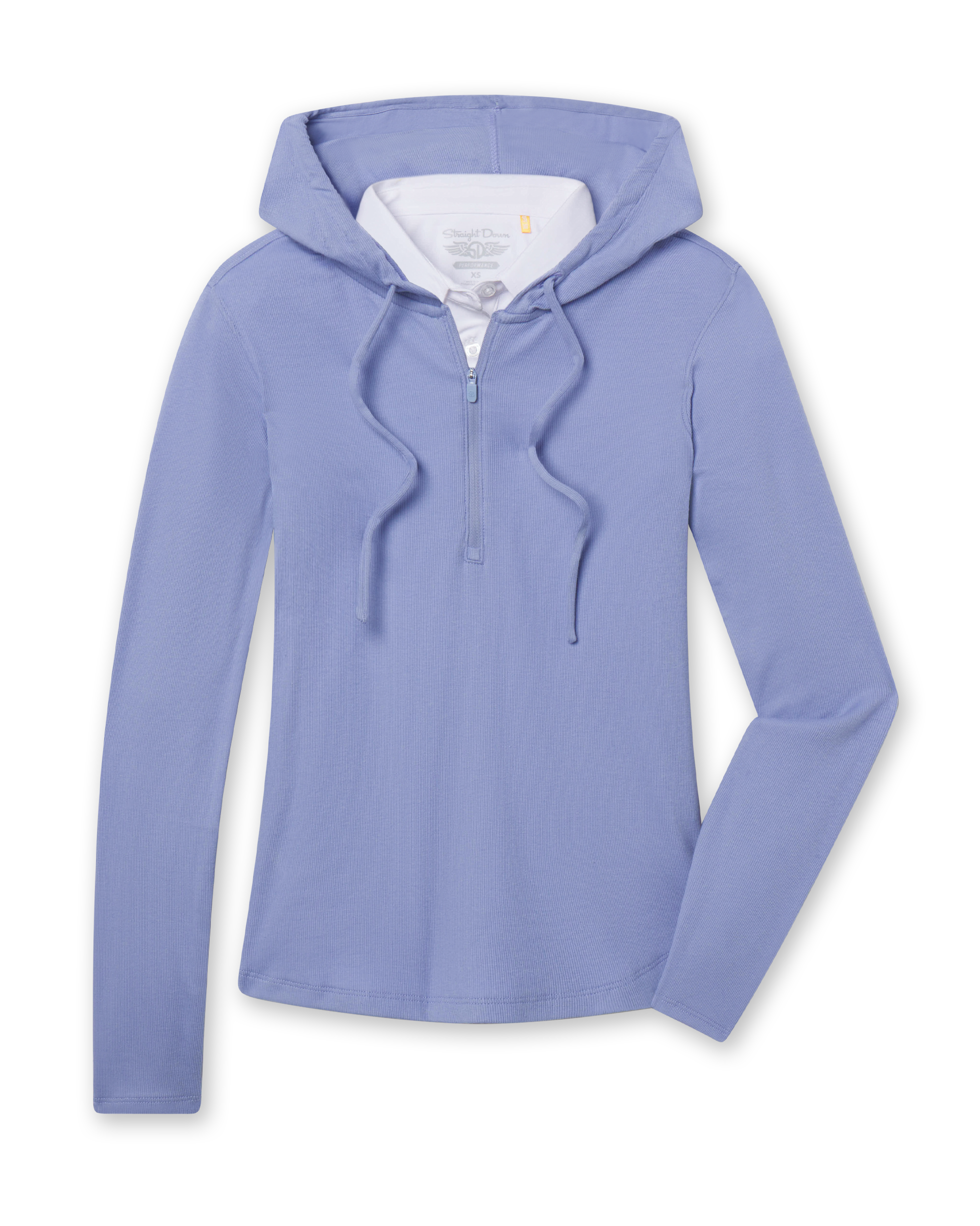 Women's Thyme Quarter Zip Hoodie in Blue, flat lay front view featuring a solid light blue fabric, half-zip closure with drawstring hood, long sleeves, and white interior hood lining with Straight Down logo label