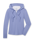Women's Thyme Quarter Zip Hoodie in Blue, flat lay front view featuring a solid light blue fabric, half-zip closure with drawstring hood, long sleeves, and white interior hood lining with Straight Down logo label