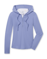 Women's Thyme Quarter Zip Hoodie in Blue, flat lay front view featuring a solid light blue fabric, half-zip closure with drawstring hood, long sleeves, and white interior hood lining with Straight Down logo label