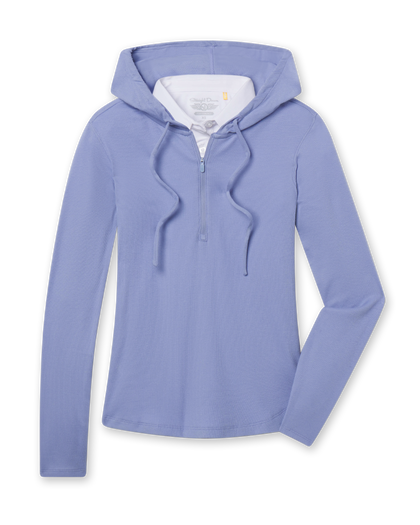 Women's Thyme Quarter Zip Hoodie in Blue, flat lay front view featuring a solid light blue fabric, half-zip closure with drawstring hood, long sleeves, and white interior hood lining with Straight Down logo label