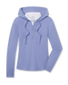Women's Thyme Quarter Zip Hoodie in Blue, flat lay front view featuring a solid light blue fabric, half-zip closure with drawstring hood, long sleeves, and white interior hood lining with Straight Down logo label