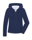Women's Thyme Quarter Zip Hoodie in New Indigo, flat lay front view featuring a solid navy fabric, half-zip closure with drawstring hood, long sleeves, and white interior hood lining with Straight Down logo label