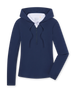 Women's Thyme Quarter Zip Hoodie in New Indigo, flat lay front view featuring a solid navy fabric, half-zip closure with drawstring hood, long sleeves, and white interior hood lining with Straight Down logo label