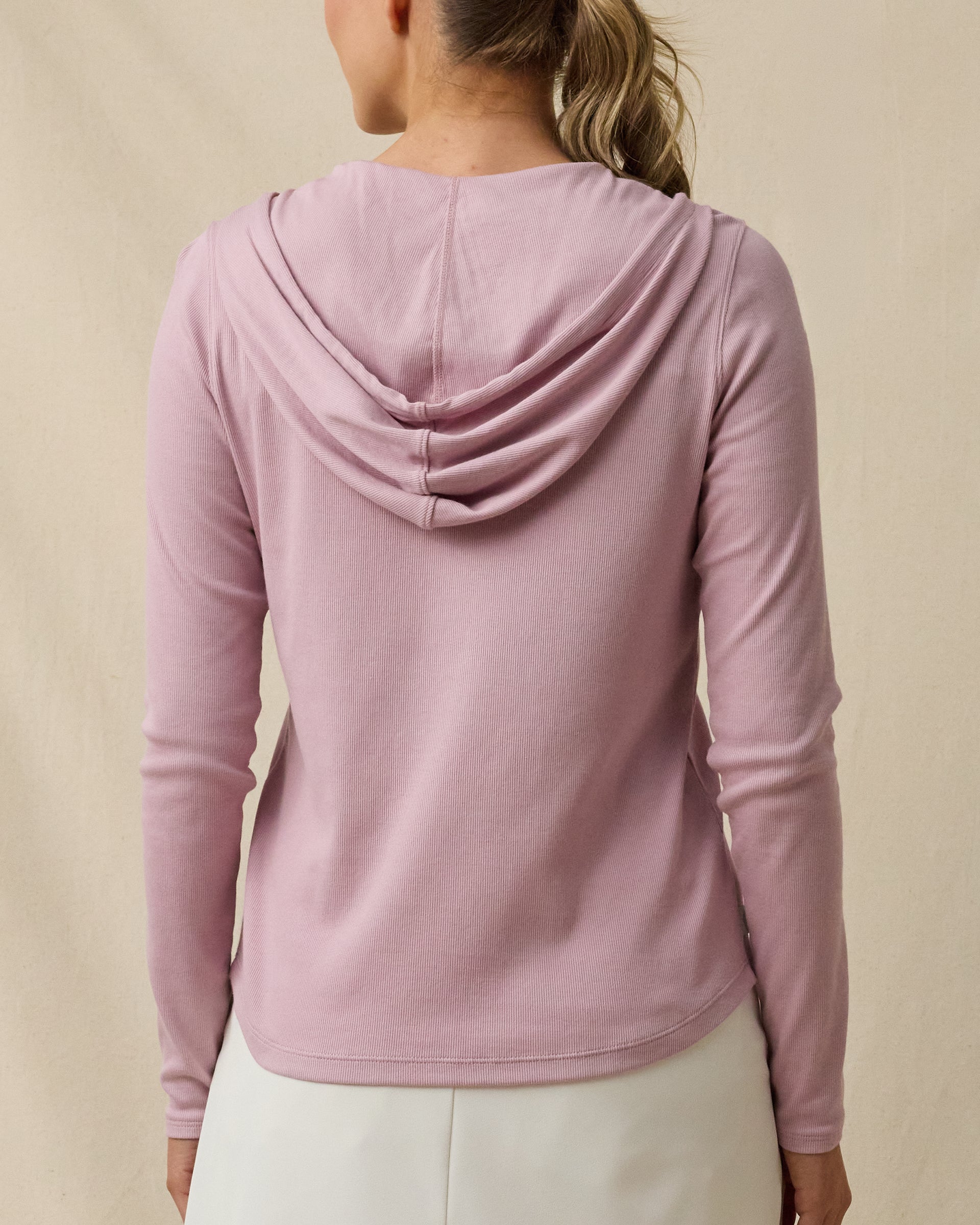 Back view of the Straight Down Thyme Quarter Zip Hoodie in Pink Dawn featuring a relaxed hood and ribbed knit fabric