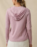 Back view of the Straight Down Thyme Quarter Zip Hoodie in Pink Dawn featuring a relaxed hood and ribbed knit fabric