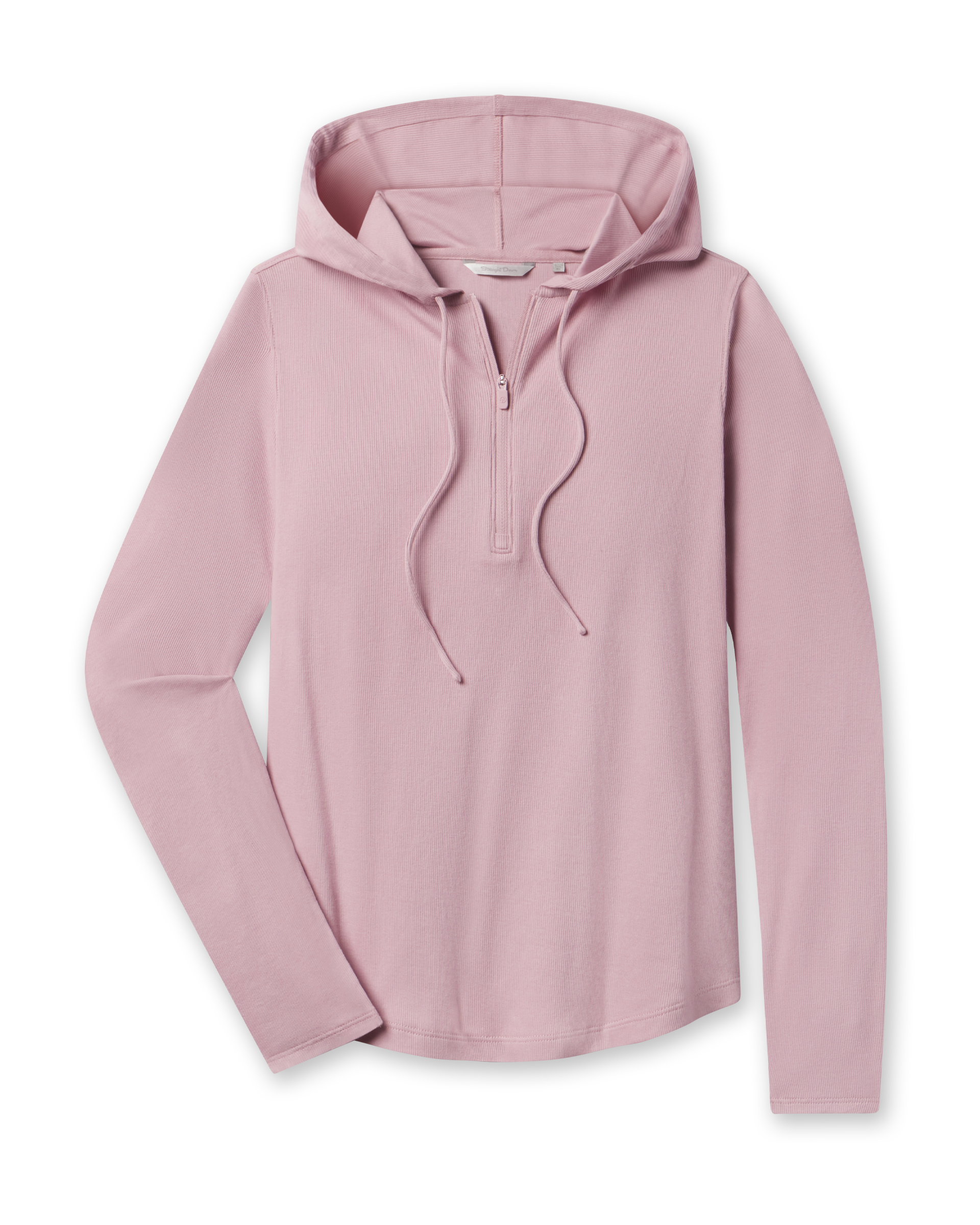 Straight Down Thyme Quarter Zip Hoodie in Pink Dawn featuring a ribbed knit fabric, hood, drawstrings, and quarter-zip design