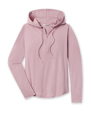 Straight Down Thyme Quarter Zip Hoodie in Pink Dawn featuring a ribbed knit fabric, hood, drawstrings, and quarter-zip design