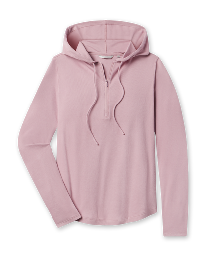 Straight Down Thyme Quarter Zip Hoodie in Pink Dawn featuring a ribbed knit fabric, hood, drawstrings, and quarter-zip design