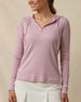 Woman wearing the Straight Down Thyme Quarter Zip Hoodie in Pink Dawn with a hood, quarter-zip neckline, and long sleeves