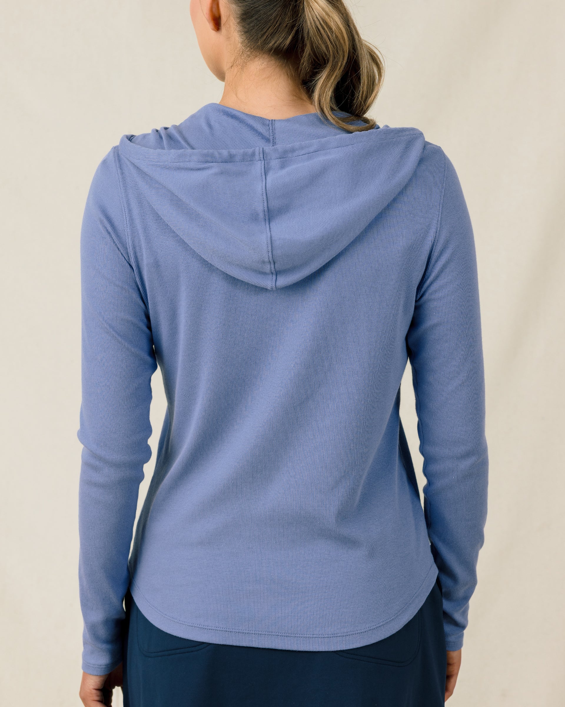 Thyme Quarter Zip Hoodie in Tidal with ribbed stretch fabric, back view