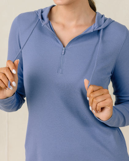 Thyme Quarter Zip Hoodie in Tidal with ribbed stretch fabric, drawstring detail view