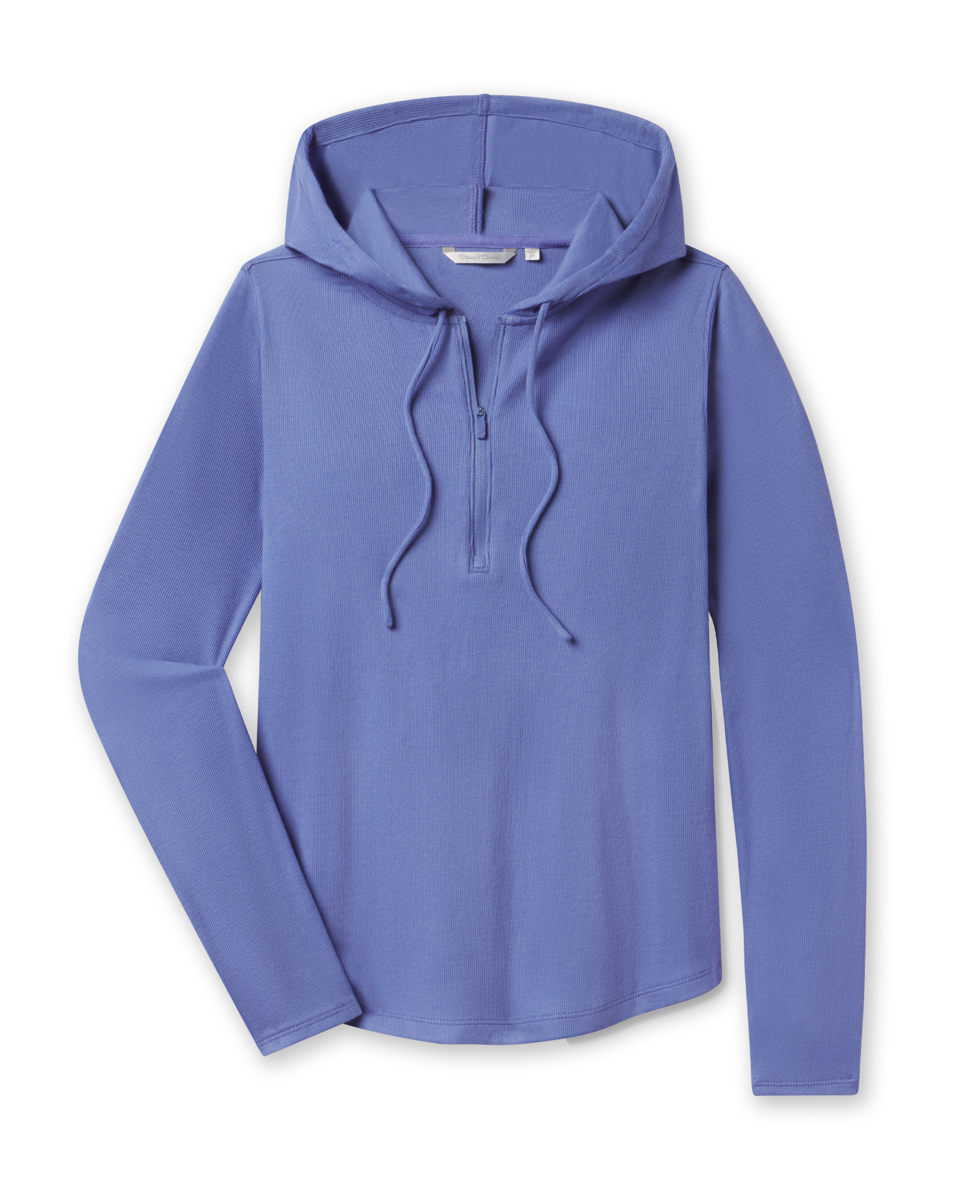 Thyme Quarter Zip Hoodie in Tidal with ribbed stretch fabric, front view