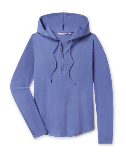 Thyme Quarter Zip Hoodie in Tidal with ribbed stretch fabric, front view
