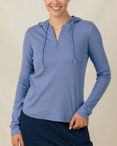 Thyme Quarter Zip Hoodie in Tidal with ribbed stretch fabric, front model view