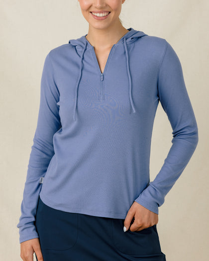 Thyme Quarter Zip Hoodie in Tidal with ribbed stretch fabric, front model view