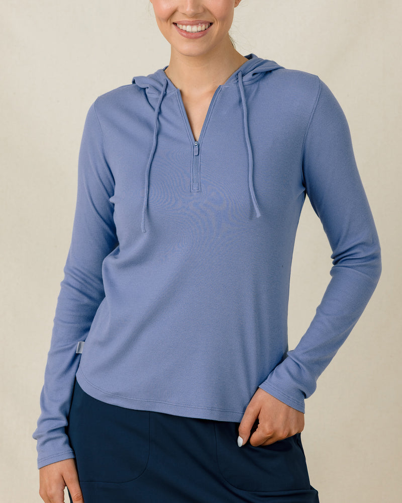 Thyme Quarter Zip Hoodie in Tidal with ribbed stretch fabric, front model view