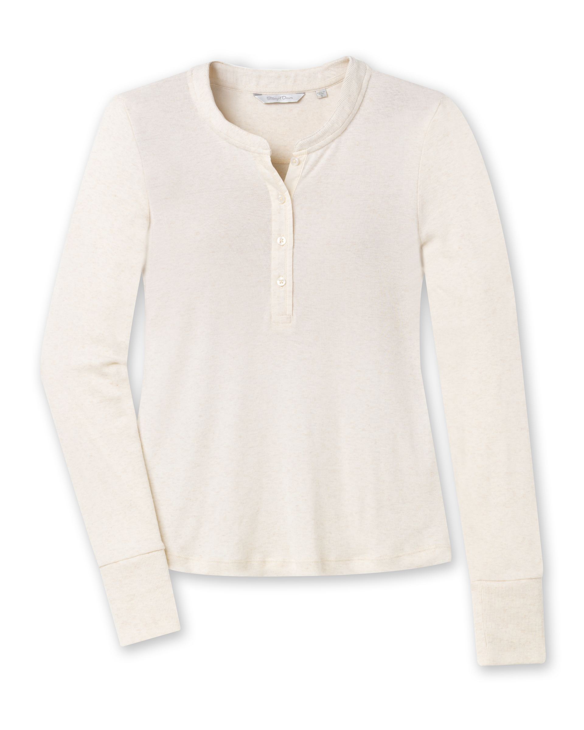 Women’s cream long sleeve henley top with soft knit fabric, button placket neckline, and ribbed cuffs.
