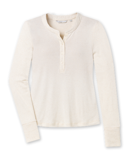 Women’s cream long sleeve henley top with soft knit fabric, button placket neckline, and ribbed cuffs.