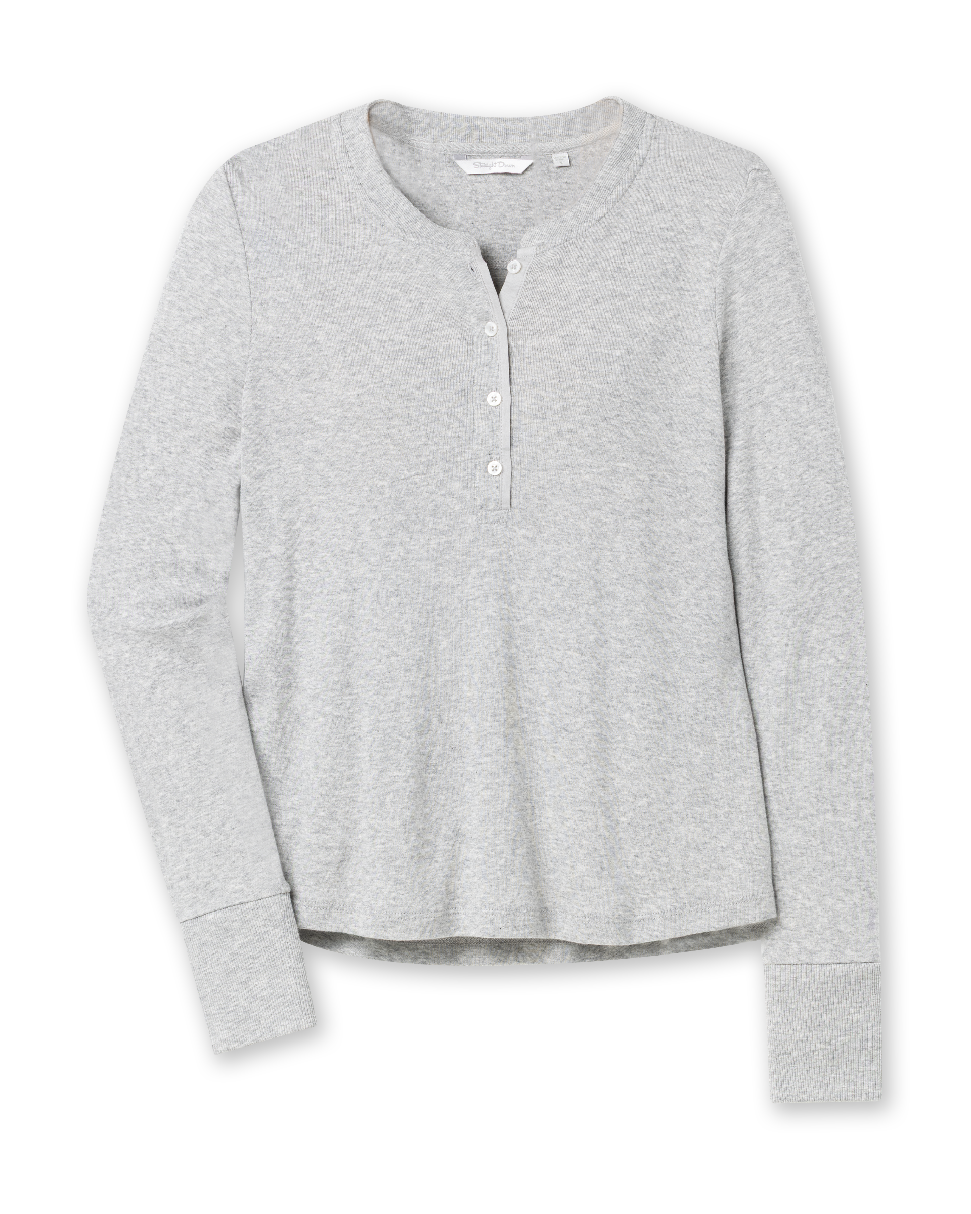 Women’s light grey long sleeve henley top with soft knit fabric, button placket neckline, and ribbed cuffs.