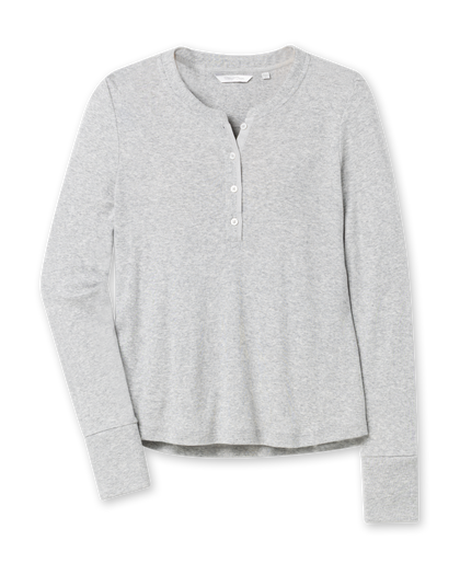 Women’s light grey long sleeve henley top with soft knit fabric, button placket neckline, and ribbed cuffs.