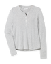 Women’s light grey long sleeve henley top with soft knit fabric, button placket neckline, and ribbed cuffs.