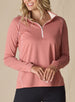Women's Anza Quarter Zip in Cedar, front model close-up view featuring a heathered rose long-sleeve pullover with a quarter-zip closure, blush interior collar lining, and tonal contrast stitching along the raglan seams