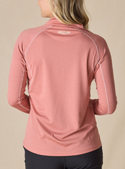 Women's Anza Quarter Zip in Cedar, back model view featuring a heathered rose long-sleeve pullover with tonal contrast stitching along the raglan seams and a Straight Down logo embroidered at the upper back collar