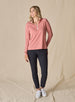 Women's Anza Quarter Zip in Cedar, full-length front model view featuring a heathered rose long-sleeve pullover styled with navy ankle pants and white shoes