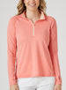 Women's Anza Quarter Zip in Grapefruit, front model close-up view featuring a heathered coral-orange long-sleeve pullover with a quarter-zip closure, peach interior collar lining, and tonal contrast stitching along the raglan seams