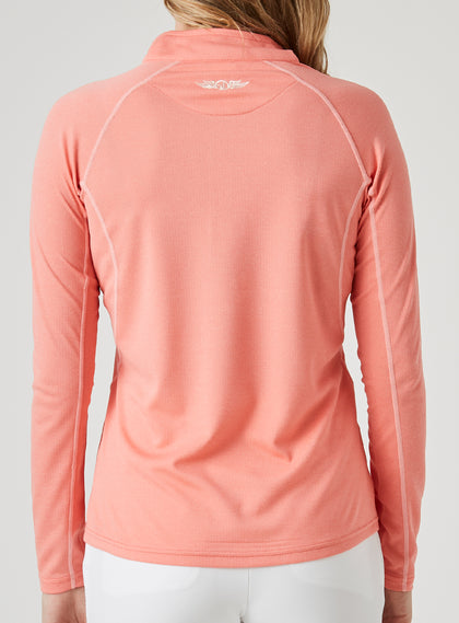 Women's Anza Quarter Zip in Grapefruit, back model view featuring a heathered coral-orange long-sleeve pullover with tonal contrast stitching along the raglan seams and a Straight Down logo embroidered at the upper back collar