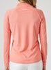 Women's Anza Quarter Zip in Grapefruit, back model view featuring a heathered coral-orange long-sleeve pullover with tonal contrast stitching along the raglan seams and a Straight Down logo embroidered at the upper back collar