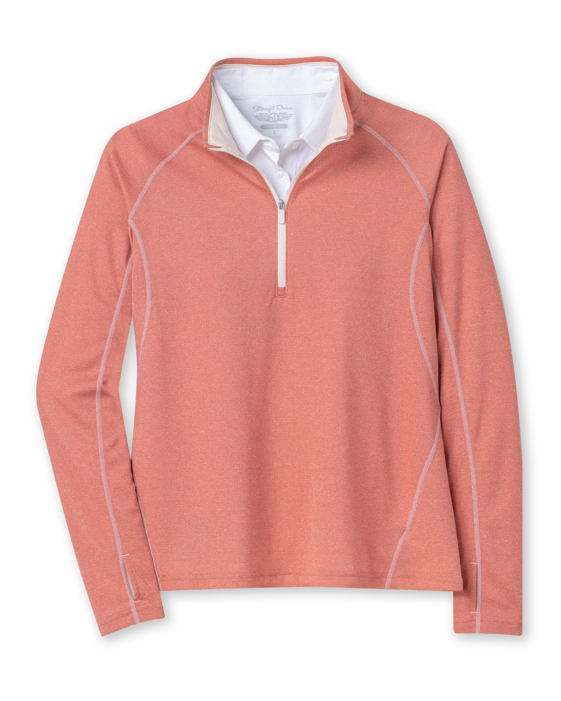 Women's Anza Quarter Zip in Cedar, flat lay front view featuring a solid cedar heather quarter zip with white contrast stitching detail and white collar interior