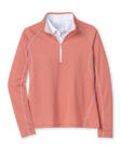 Women's Anza Quarter Zip in Cedar, flat lay front view featuring a solid cedar heather quarter zip with white contrast stitching detail and white collar interior