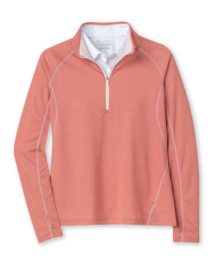 Women's Anza Quarter Zip in Cedar, flat lay front view featuring a solid cedar heather quarter zip with white contrast stitching detail and white collar interior